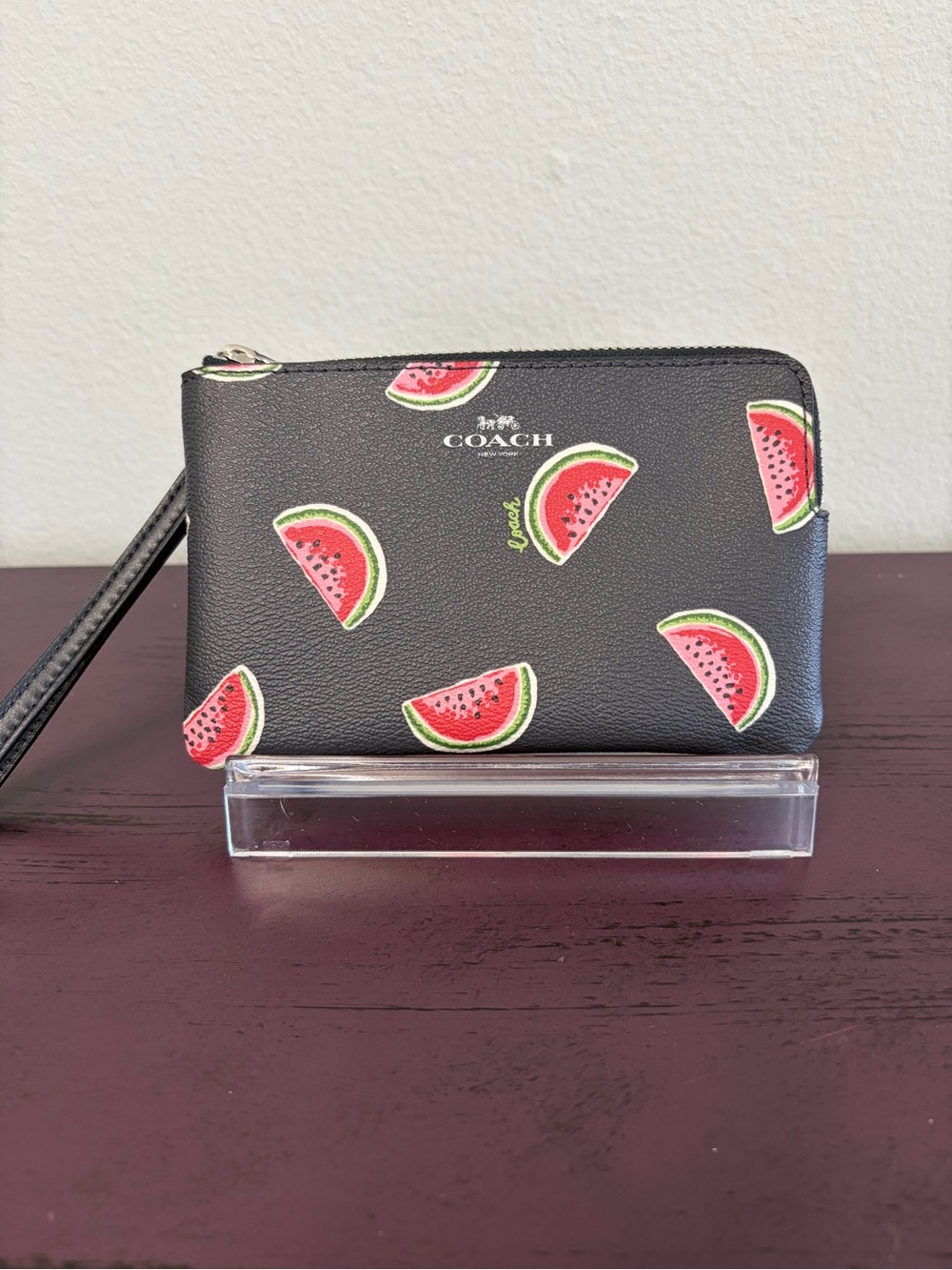 COACH Navy Blue Leather Watermelon Print Wristlet